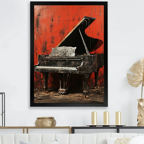 Designart "Graceful Red and Black Piano" Music Framed Wall Art - Vintage Brown Music Piano Entryway Framed Wall Art Print