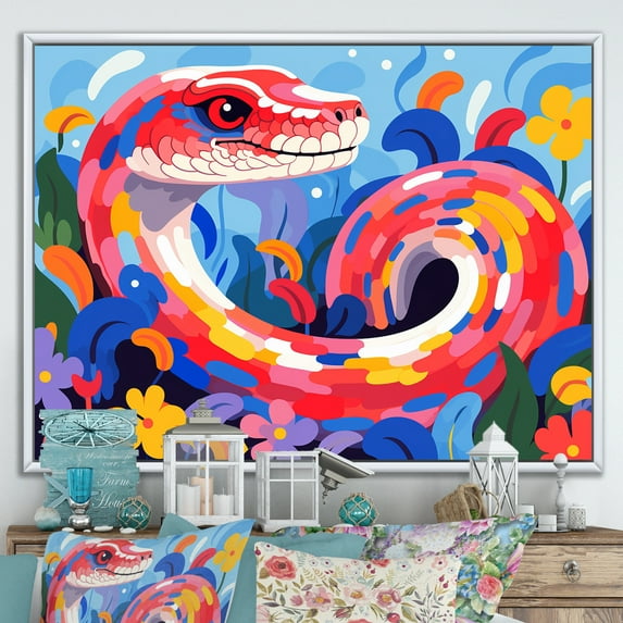 Designart "Graceful Serpents in Pop Art" Animals Framed Wall Art - Modern Farmhouse Pink Snake Living Room Framed Canvas Art