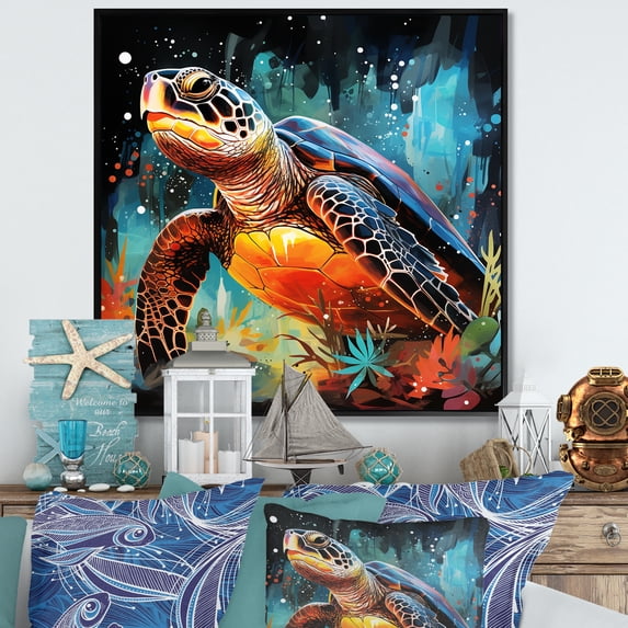 Designart "Graceful Turtle Swimming in Yellow and Blue" Animals Framed Wall Art - Traditional Yellow Turtle Hallway Framed Wall Art Decor
