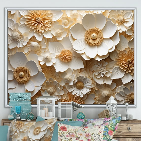 Designart "Graceful White Buttercups" Buttercups Floater Framed Wall Art Living Room