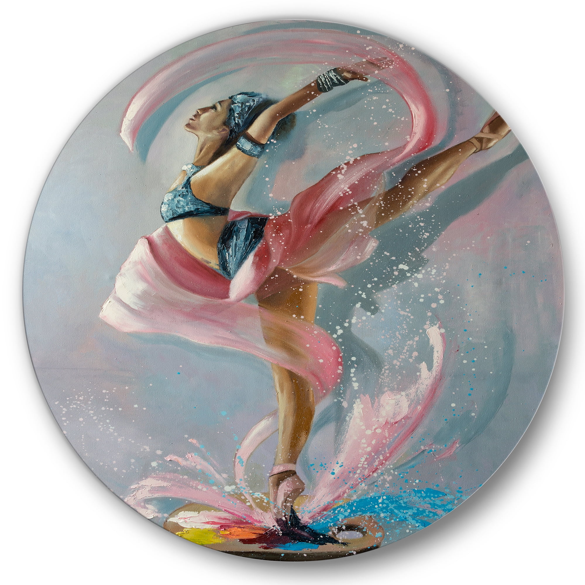 Designart 'Graciously Dancing Girl In Pink Drapes' Traditional Circle Metal Wall Art 29x29 - Disc of 29