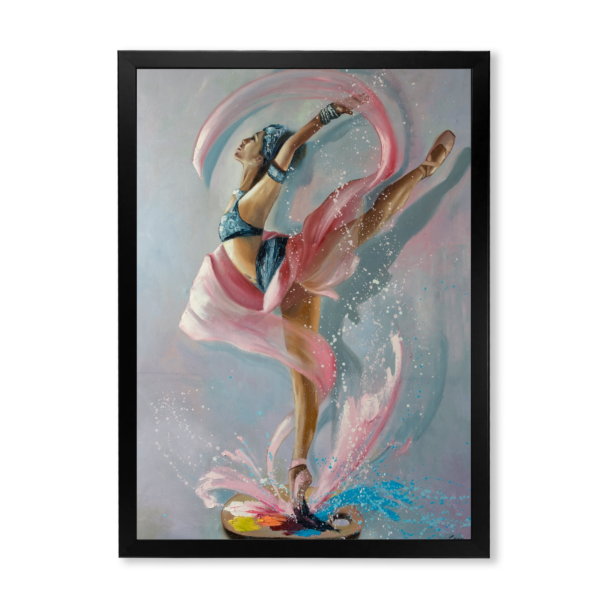 Designart 'Graciously Dancing Girl In Pink Drapes' Traditional Framed Art Print