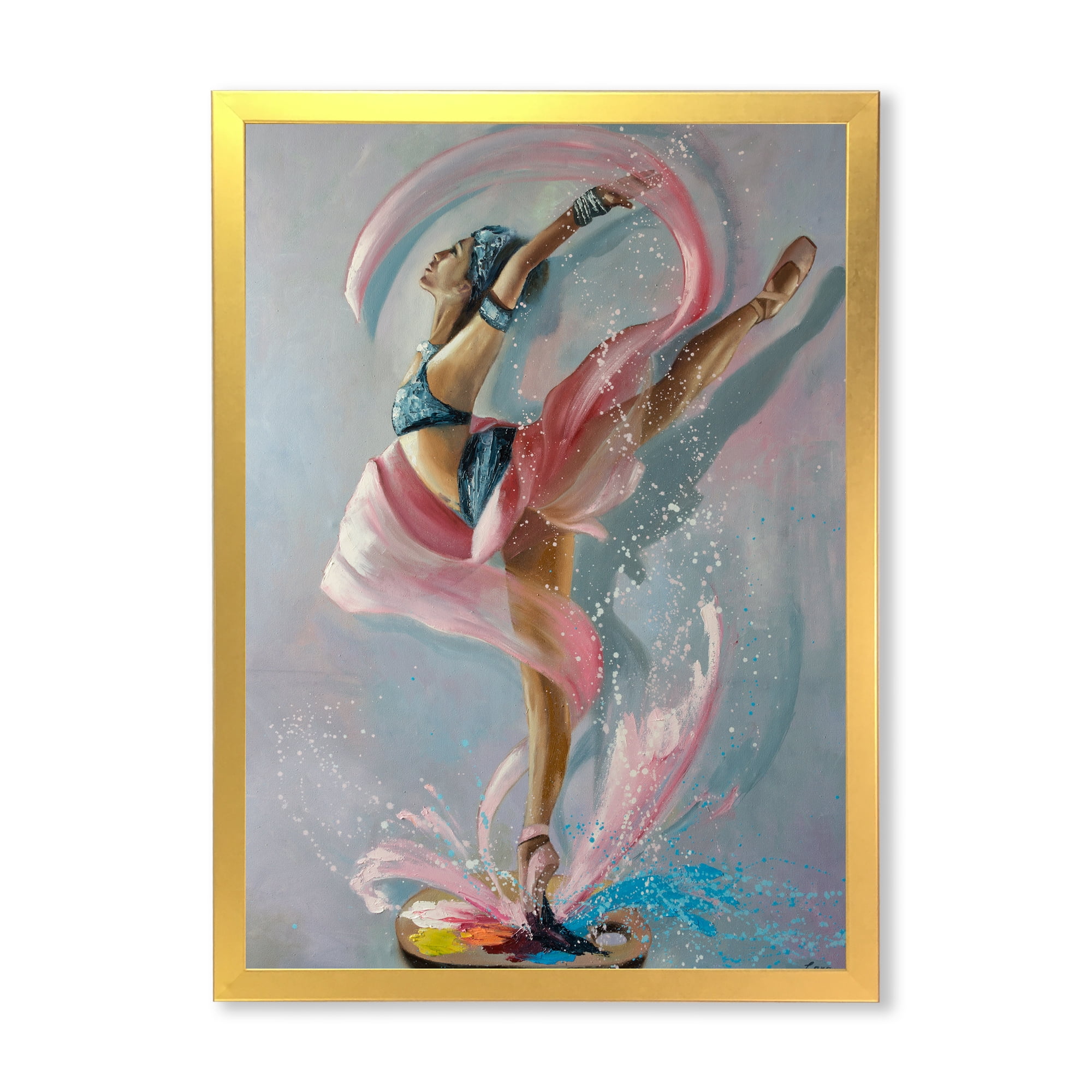 Designart 'Graciously Dancing Girl In Pink Drapes' Traditional Framed Art Print