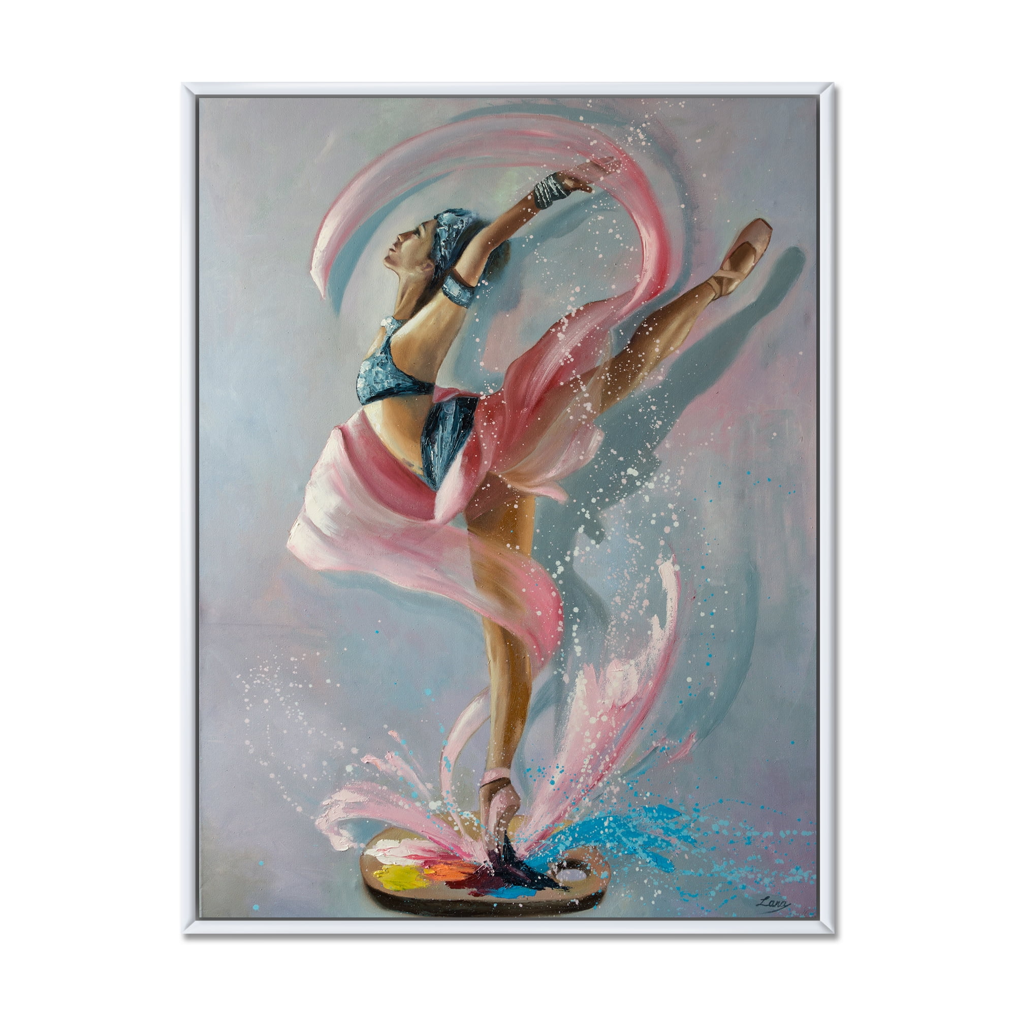 Designart 'Graciously Dancing Girl In Pink Drapes' Traditional Framed Canvas Wall Art Print