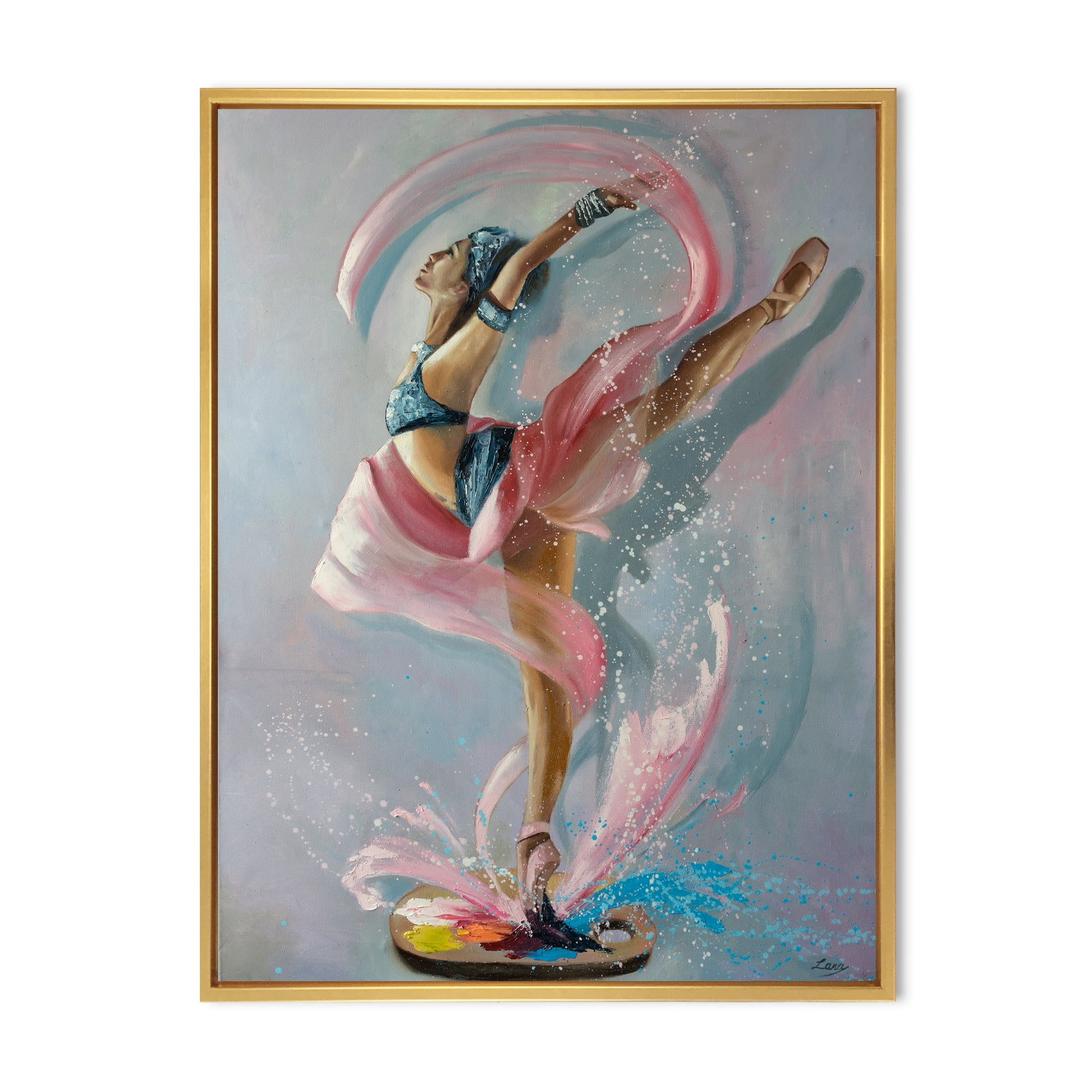 Designart 'Graciously Dancing Girl In Pink Drapes' Traditional Framed Canvas Wall Art Print