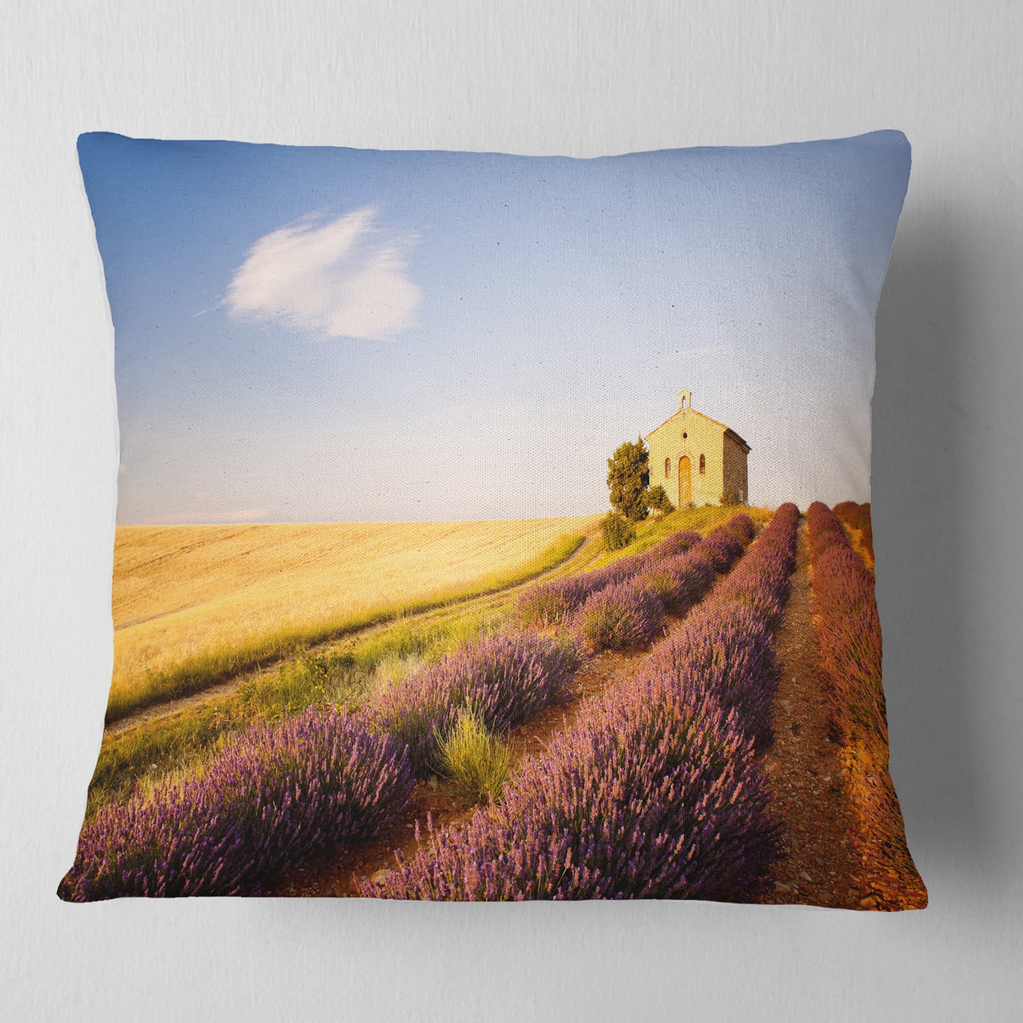 Designart Grain Fields with Lavender Rows - Landscape Printed Throw Pillow - 16x16