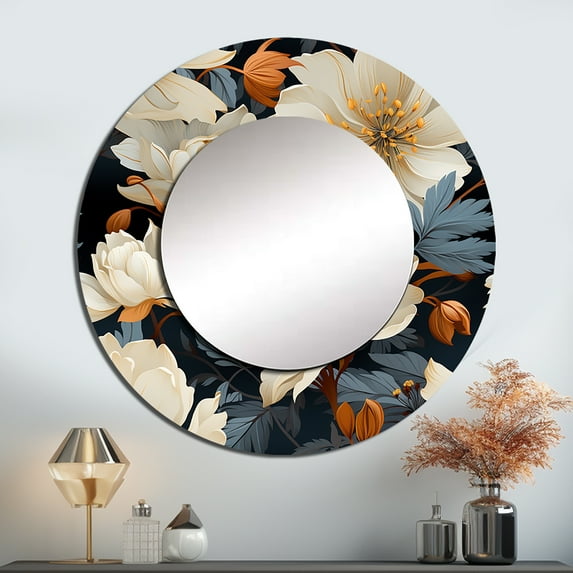 Designart "Grand Magnolia Display I" Floral Rund Mirror For Wall Decor - Large White Round Printed Mirror -Cottage Round Living Room Mirror - 29" x 29"