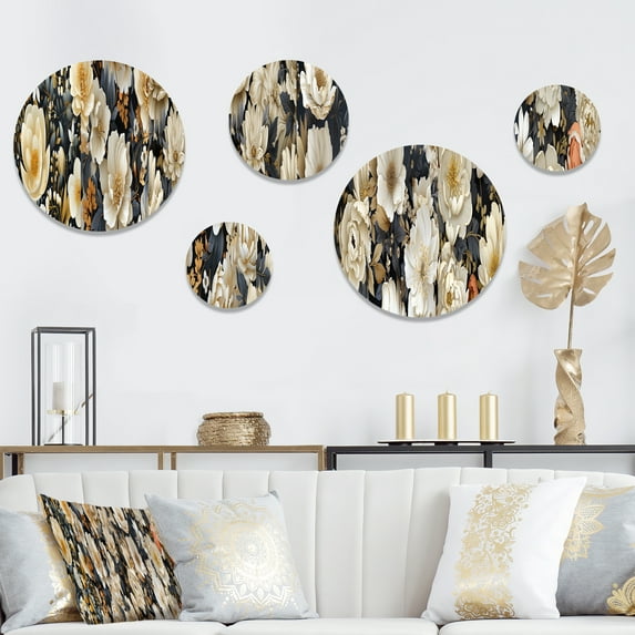 Designart "Grand Magnolia Display IV" Floral Round Wall Art Set Of 5 - White Cottage Hallway Metal Art Print Set