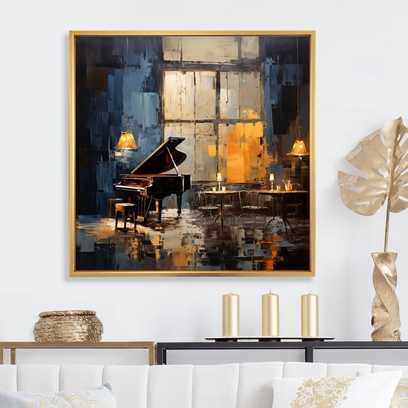 Designart "Grand Piano Jazz Café in Yellow and Grey IV" Music Framed Wall Art - Vintage Yellow Music Piano Hallway Framed Wall Art Decor
