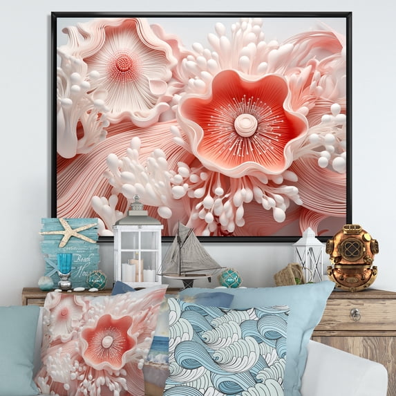 Designart "Grand Plumed Anemone Composition III" Coastal Coral Under Water Floater Framed Wall Decor