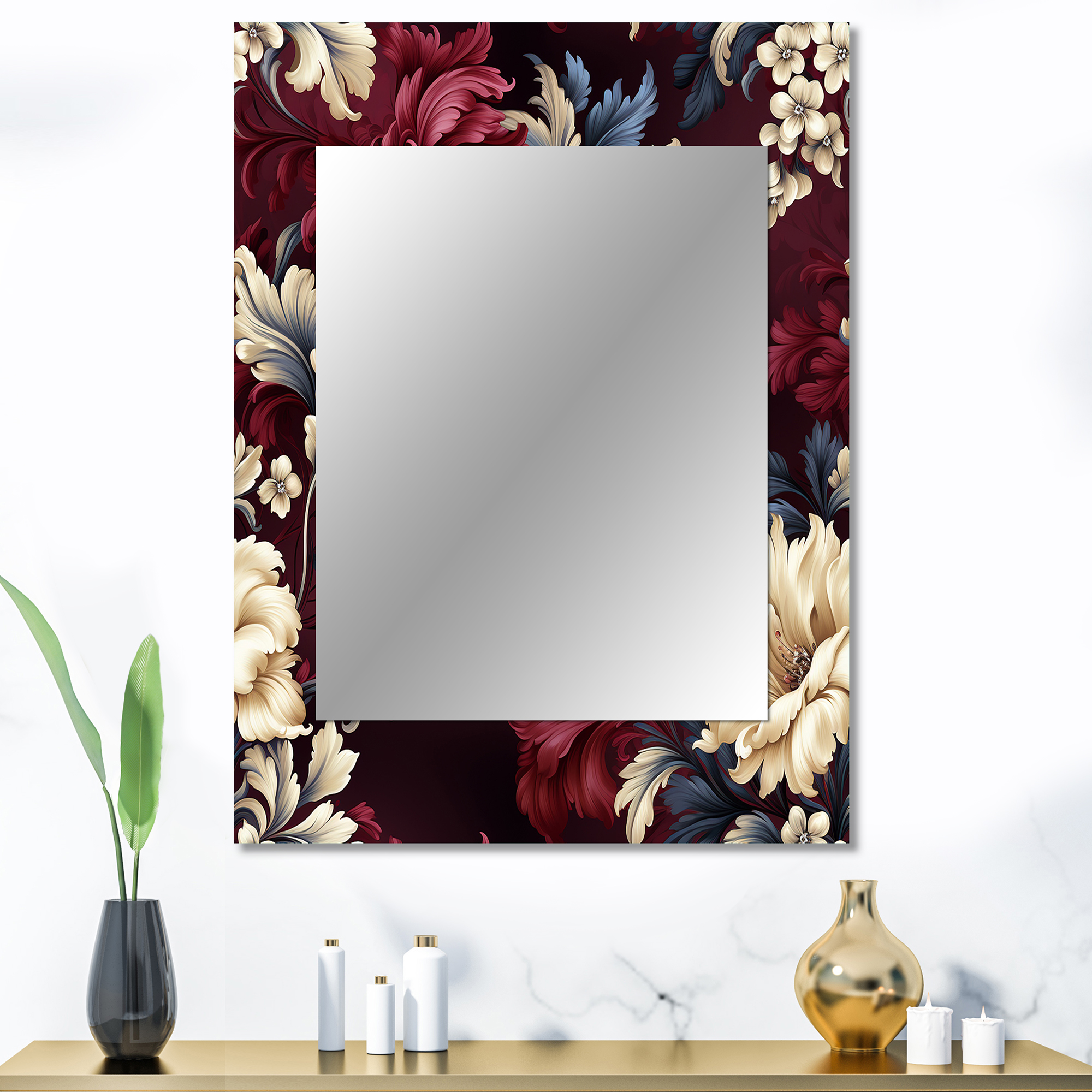 Designart "Grand Regency Damask" Floral Wall Mirror, Printed Red Wall