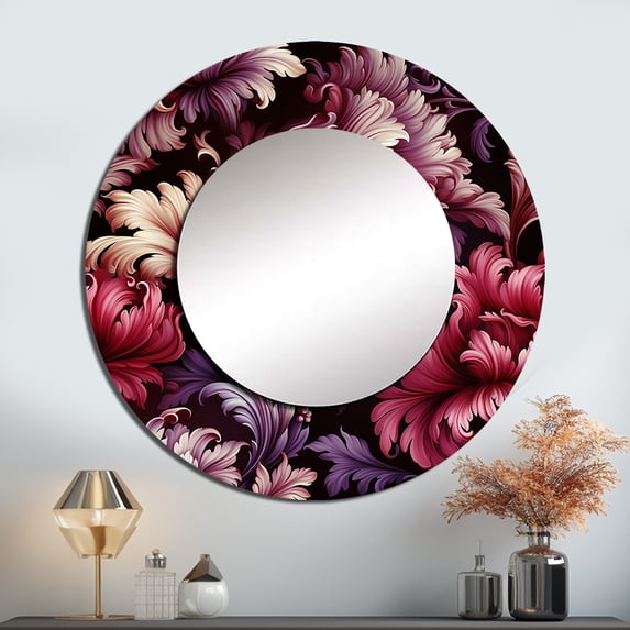 Designart "Grand Regency Damask IV" Floral Rund Mirror For Wall Decor - Large Pink Round Print Mirror - Round Cottage Mirror - Wall Mounted Round Large Mirror - 23" x 23"