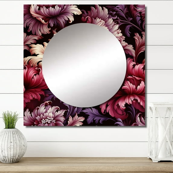 Designart "Grand Regency Damask IV" floral Square Mirror Wall Decor Cottage - Large Pink Square Bathroom Mirror - Square Printed Wall Mirror Art