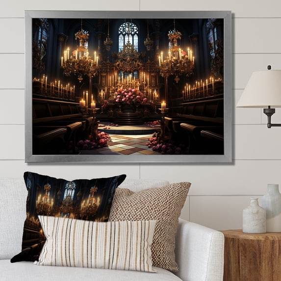 Designart "Grandeur of Baroque Basilica" Spiritual Framed Wall Art Decor - Cabin Yellow Church Bedroom Framed Canvas Wall Art