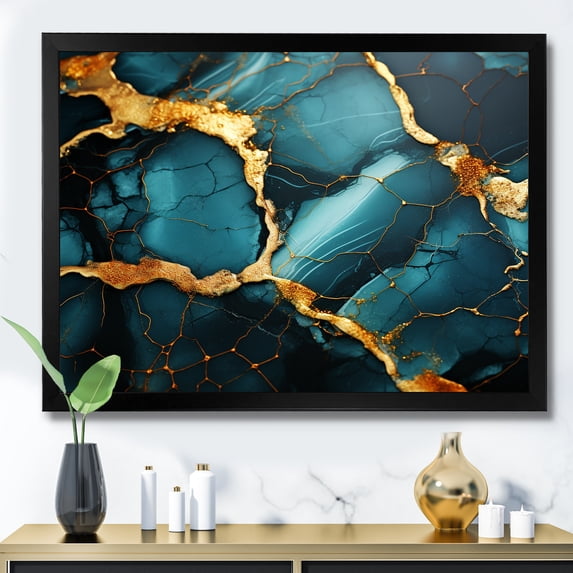 Designart "Granite with Topaz Agate in Gold and Green IX" Fractal Framed Wall Art Decor - Modern Gold Abstract Entryway Framed Wall Art Print