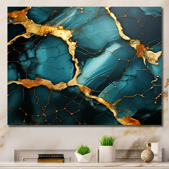 Designart "Granite with Topaz Agate in Gold and Green VII" Oversized Fractal Wall Art - Modern Gold Abstract Bedroom Canvas Wall Art