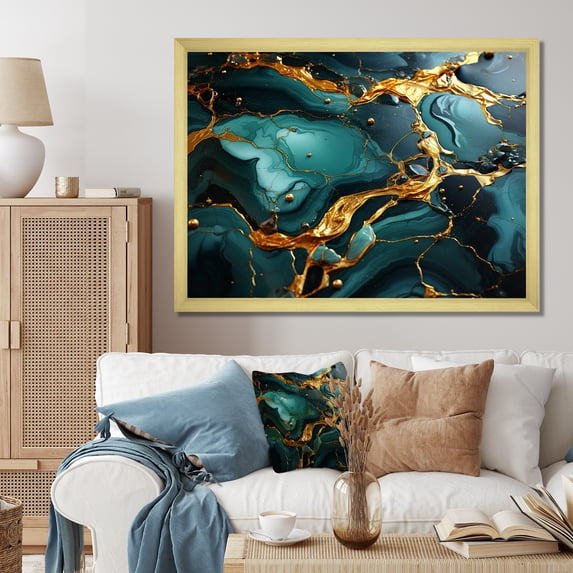 Designart "Granite with Topaz Agate in Gold and Green VIII" Fractal Framed Wall Art Decor - Modern Gold Abstract Entryway Framed Wall Art