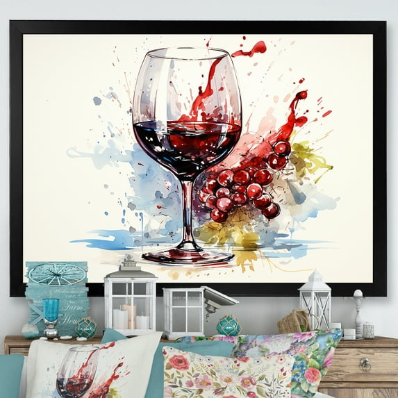 Designart "Grape Elegance The Essence of Burgundy Wine I" Food & Beverage Framed Wall Art Decor - Traditional White Wine Bedroom Framed Canvas Wall Art