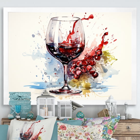 Designart "Grape Elegance The Essence of Burgundy Wine I" Food & Beverage Framed Wall Art Decor - Traditional White Wine Bedroom Framed Canvas Wall Art