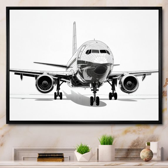 Designart "Graphic Elevation Black and White Plane" Transportation Floater Framed Canvas Art Print
