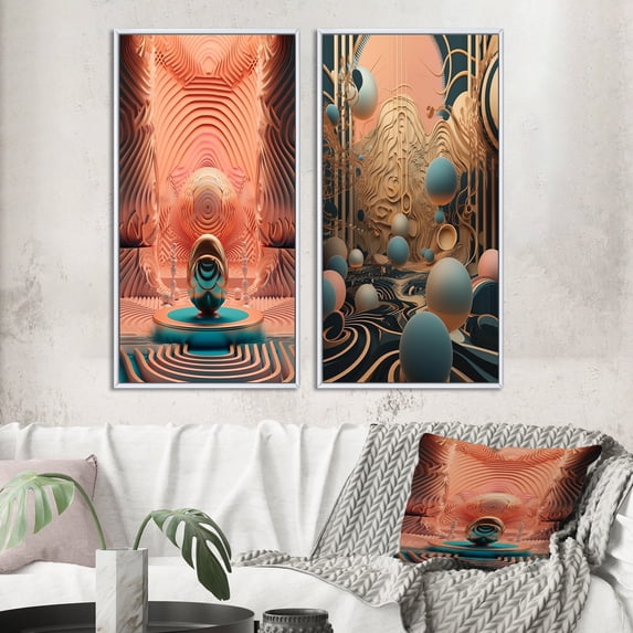 Designart "Graphic Futurism Retro Architectural Bliss II" Abstract Landscape Framed Wall Art Set Of 2 - Modern Pink Framed Canvas Set For Living Room Decor