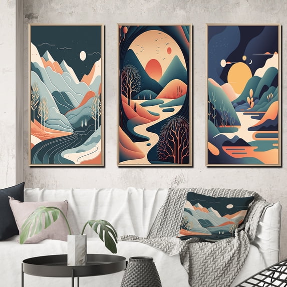 Designart "Graphic Mountain Trees in Orange and Blue Tones I" Landscape Mountains Framed Wall Art Set Of 3 - Yellow Mountains Frame Gallery Wall Set For Home Decor