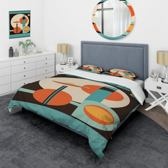Designart "Graphic Nostalgia Vintage Mid-century Style II" Modern Midcentury Bedding Covert Set - Abstract Midcentury Blue Abstract Bed Set With 2 Shams