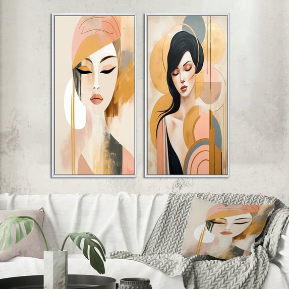 Designart "Graphic Portrait of an Elegant Art Nouveau Woman" Woman Avant-Garde Framed Wall Art Set Of 2 - Glam Pink Gallery Wall Frame Set For Home Decor