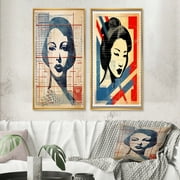 Designart "Graphic Portrait Vintage Asian II" Japon Woman Framed Wall Art Set Of 2 - Glam Red Gallery Wall Frame Set For Home Decor