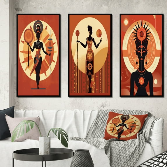 Designart "Graphic Representation Orisha Oshun, African Goddess with Mirror I" African American Woman Framed Wall Art Set Of 3 - Red Woman African American Frame Gallery Set For Office Decor