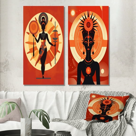 Designart "Graphic Representation Orisha Oshun, African Goddess with Mirror I" African American Woman Wall Art Set Of 2 - Glam Red Canvas Set For Living Room Decor