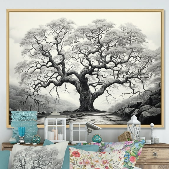 Designart "Graphite Reverie Monochrome Tree" Floral Floater Framed Wall Art Print