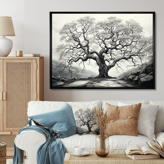 Designart "Graphite Reverie Monochrome Tree" Floral Floater Framed Wall Art Print