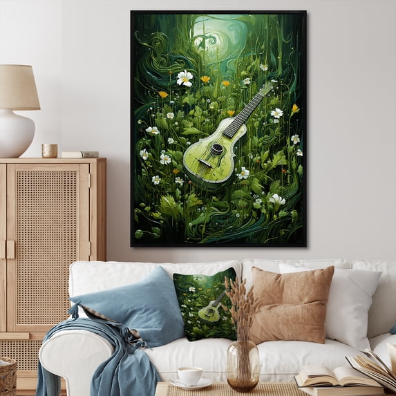Designart "Grass Green Melodies On Guitar" Music Floater Framed Wall Art Living Room