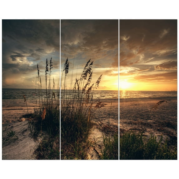 Designart 'Grassy and beach sunset ' Sea & Shore Photography on Wrapped Canvas set