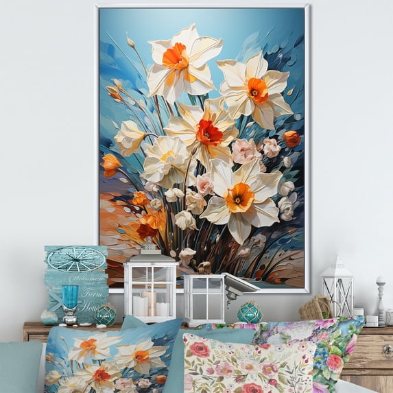 Designart "Gray And White Daffodils In Bold Colors III" Daffodils Floater Framed Canvas Wall Art
