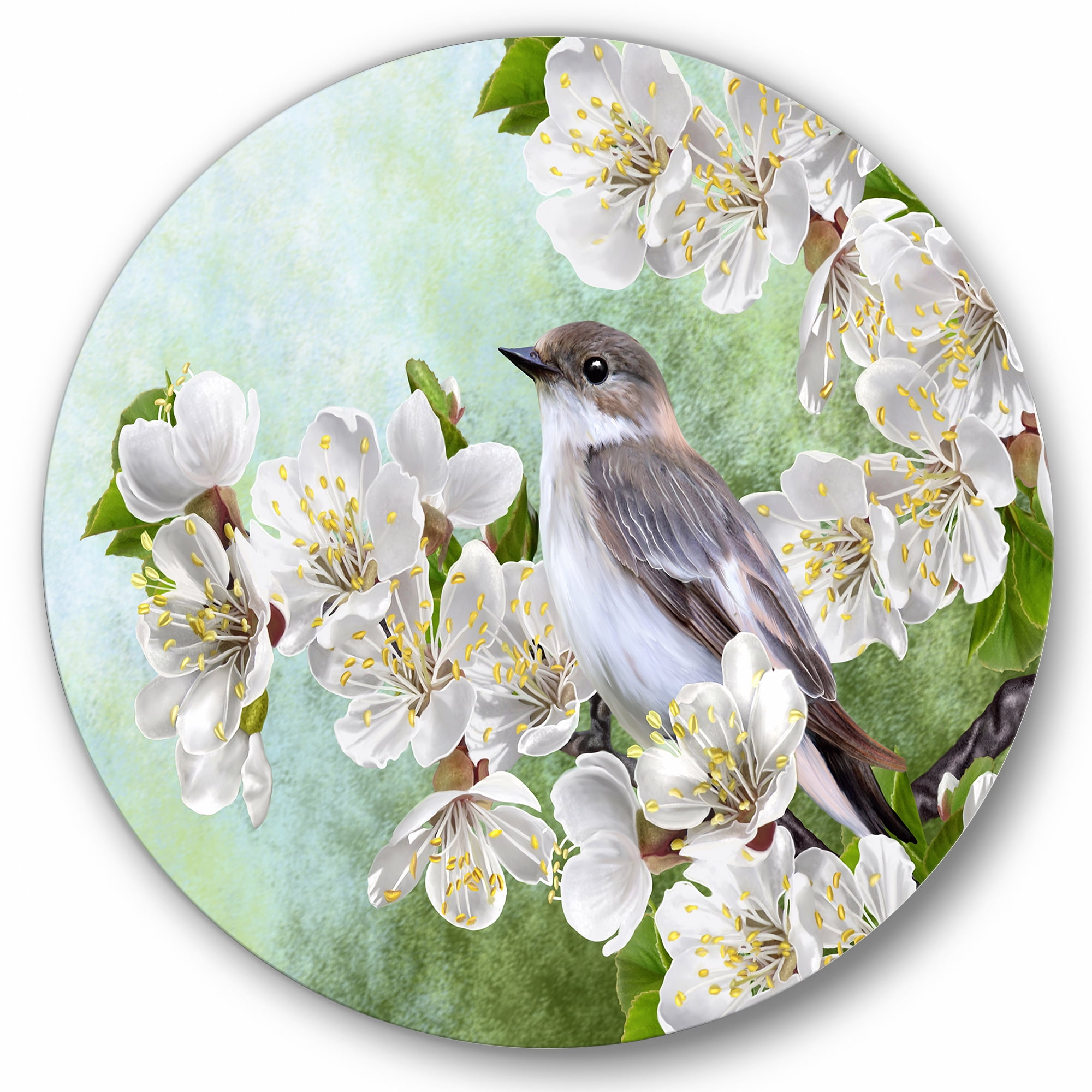 Designart 'Gray Bird Sitting On A Branch of A Blossoming Tree' Traditional Circle Metal Wall Art 29x29 - Disc of 29