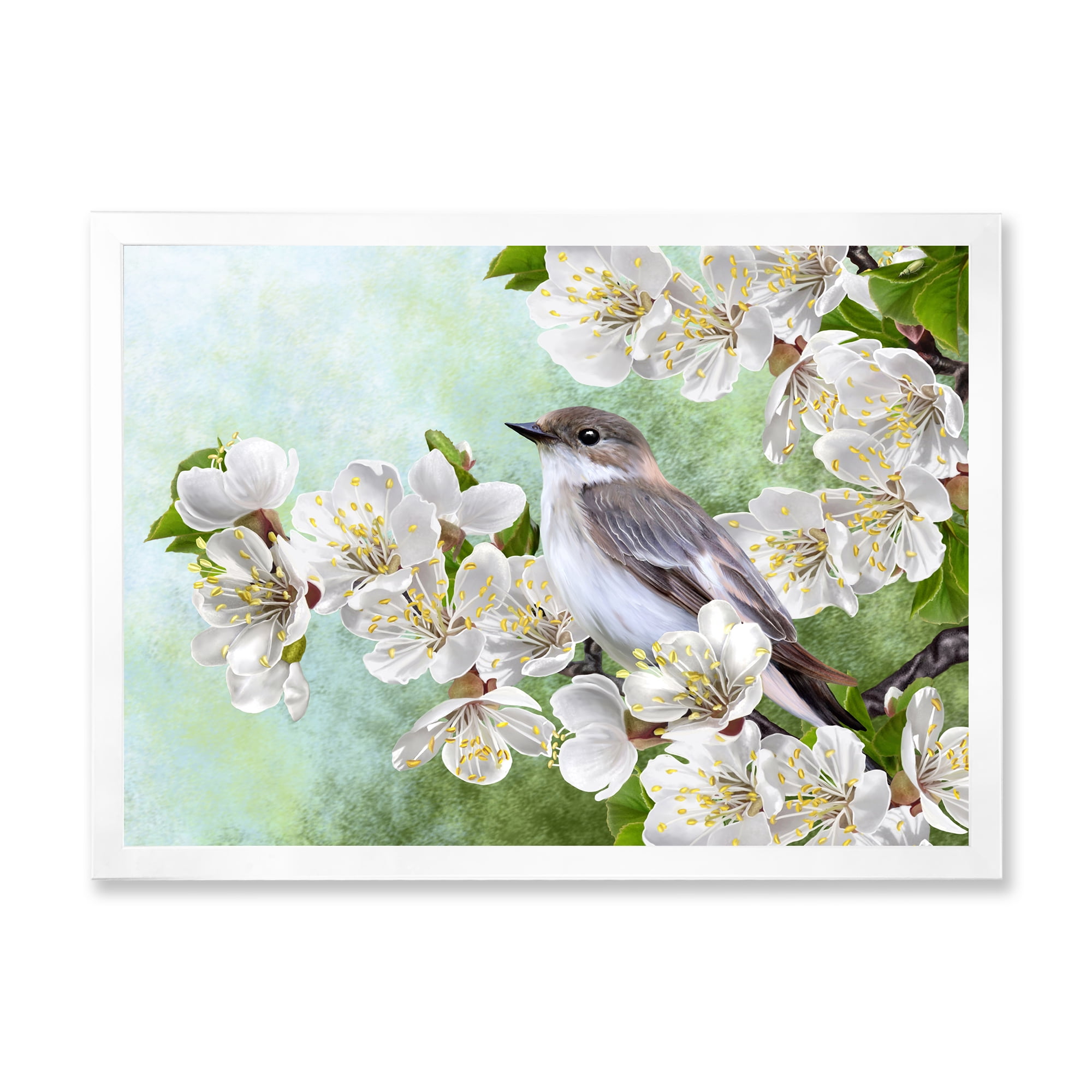Designart 'Gray Bird Sitting On A Branch of A Blossoming Tree' Traditional Framed Art Print
