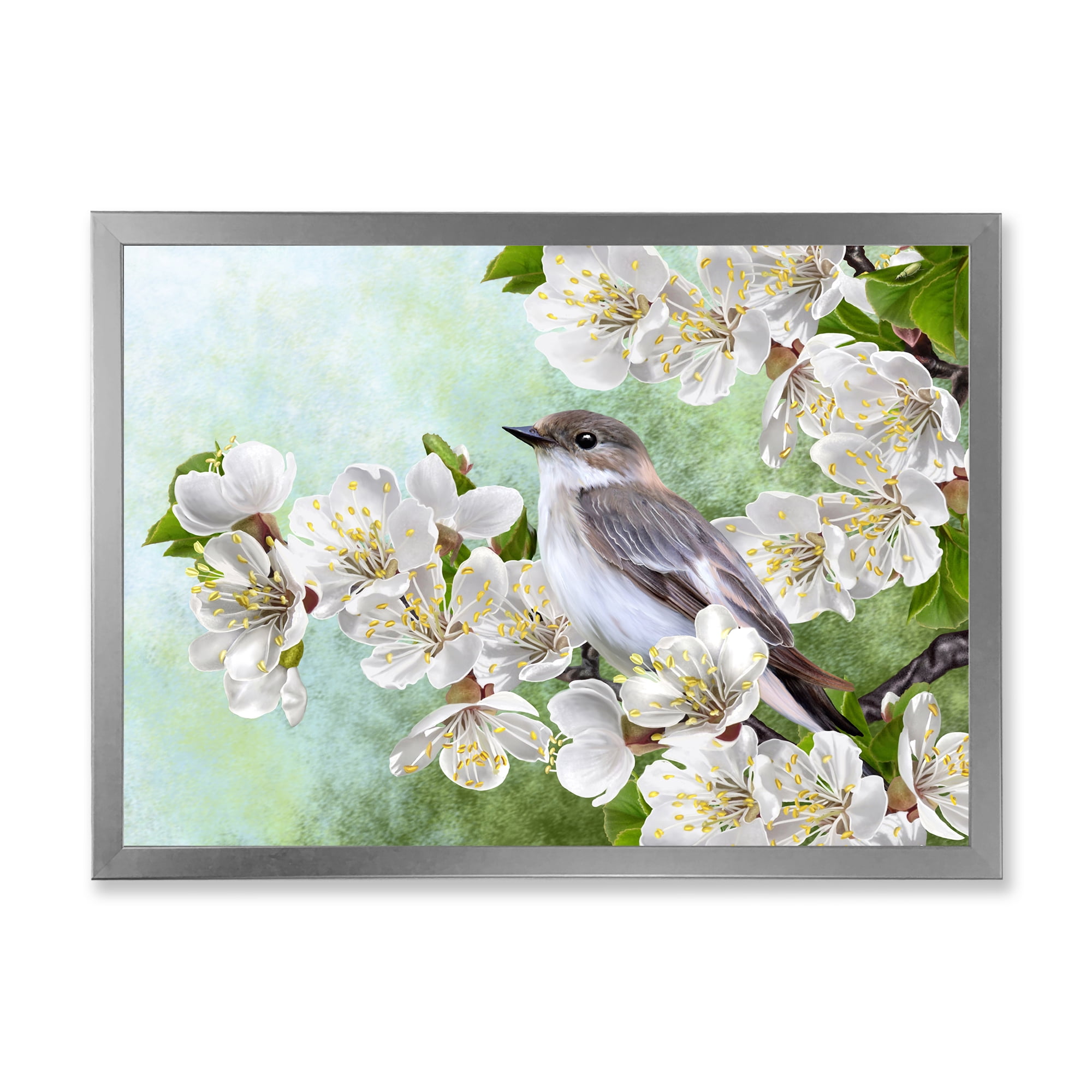 Designart 'Gray Bird Sitting On A Branch of A Blossoming Tree' Traditional Framed Art Print