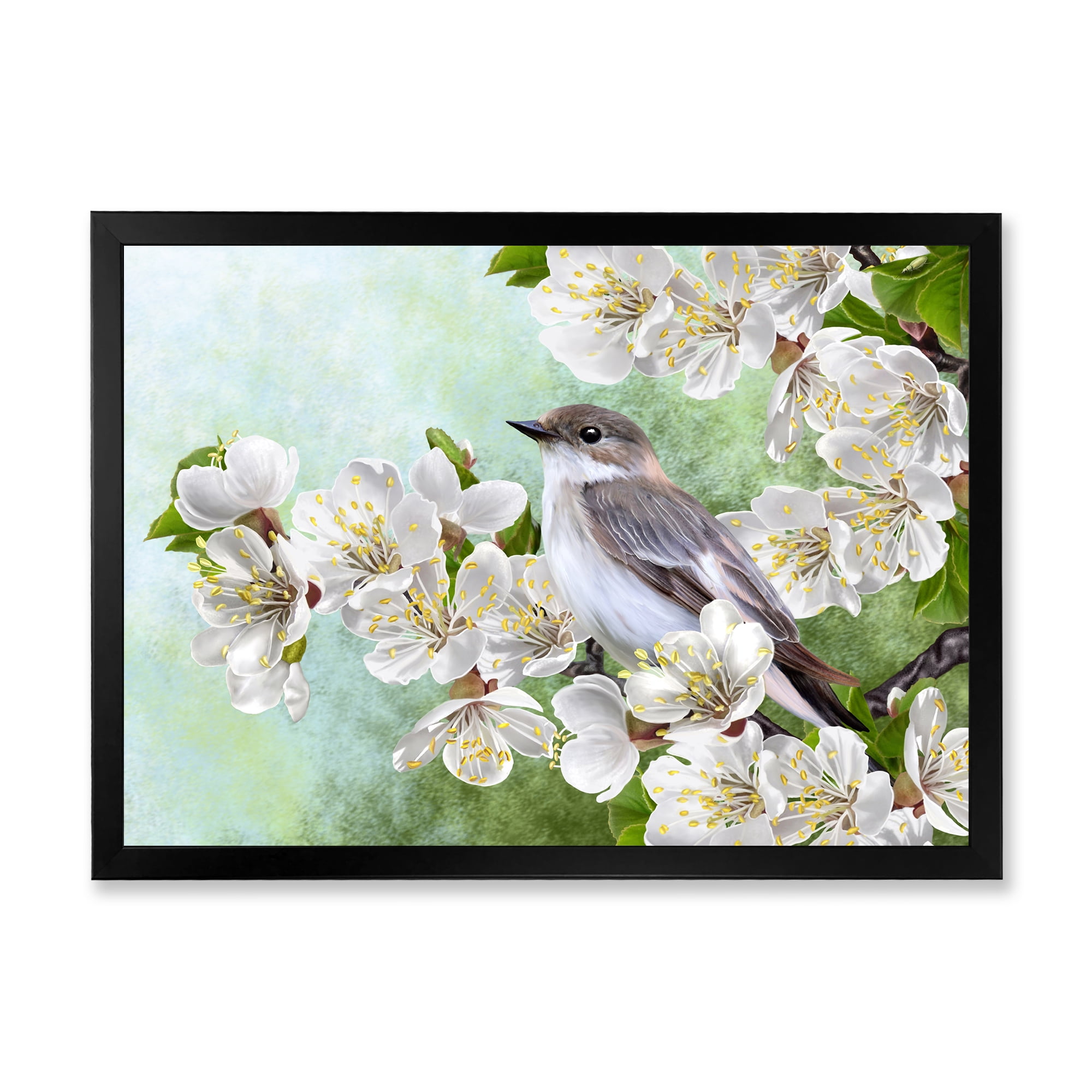 Designart 'Gray Bird Sitting On A Branch of A Blossoming Tree' Traditional Framed Art Print