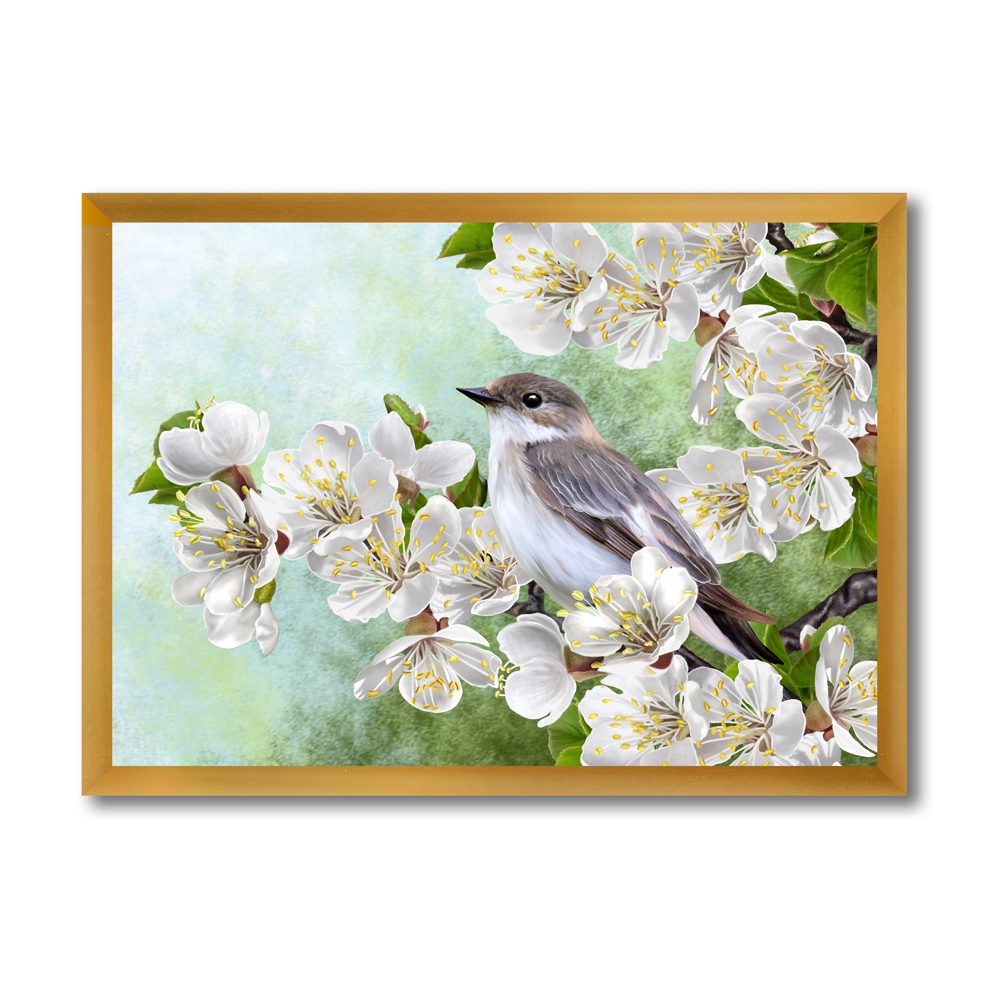Designart 'Gray Bird Sitting On A Branch of A Blossoming Tree' Traditional Framed Art Print