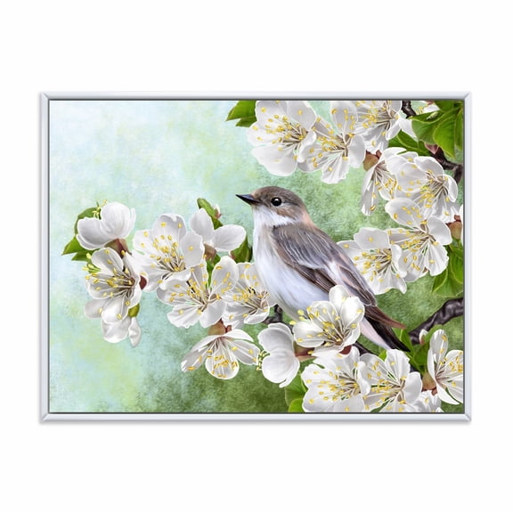 Designart 'Gray Bird Sitting On A Branch of A Blossoming Tree' Traditional Framed Canvas Wall Art Print