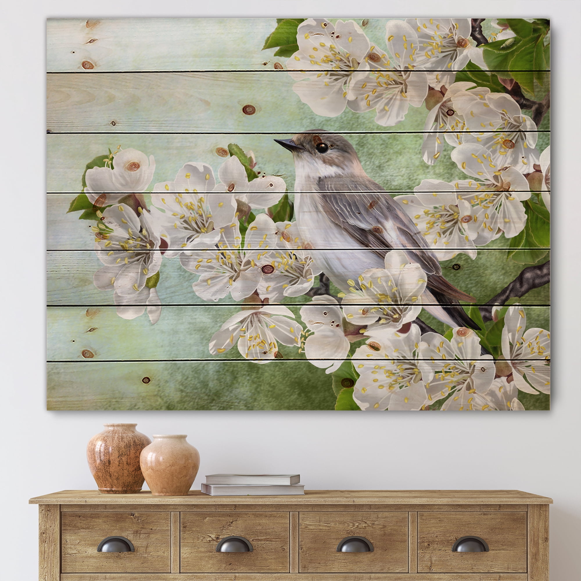 Designart 'Gray Bird Sitting On A Branch of A Blossoming Tree' Traditional Print on Natural Pine Wood