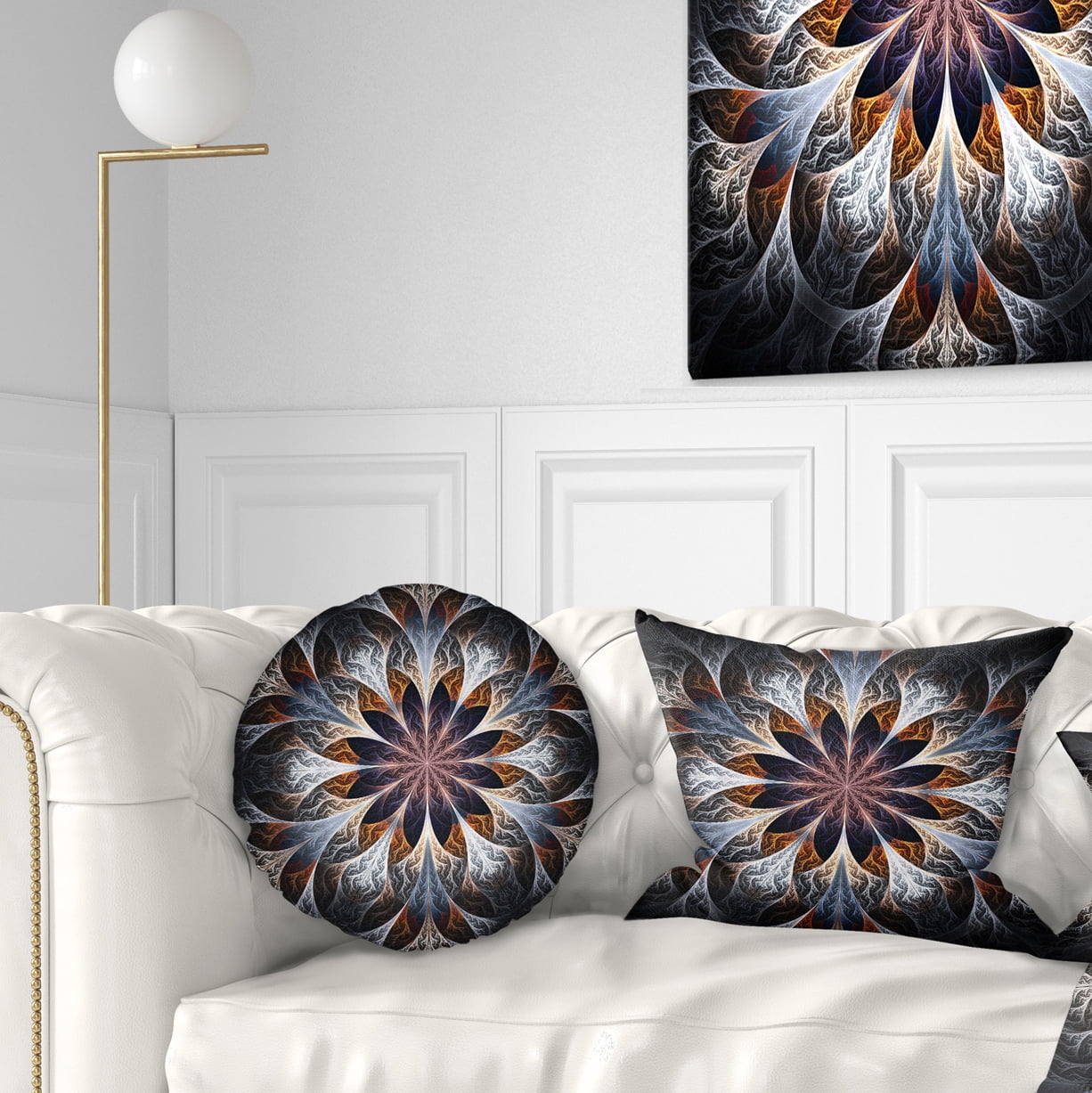 Designart Gray Brown Digital Art Fractal Flower - Floral Throw Pillow - 12x20