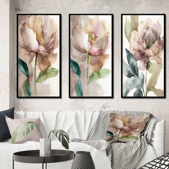 Designart "Gray Earth Tones Blooming Peony I" Floral Peony Framed Wall Art Set Of 3 - Brown Modern Frame Gallery Set For Office Decor