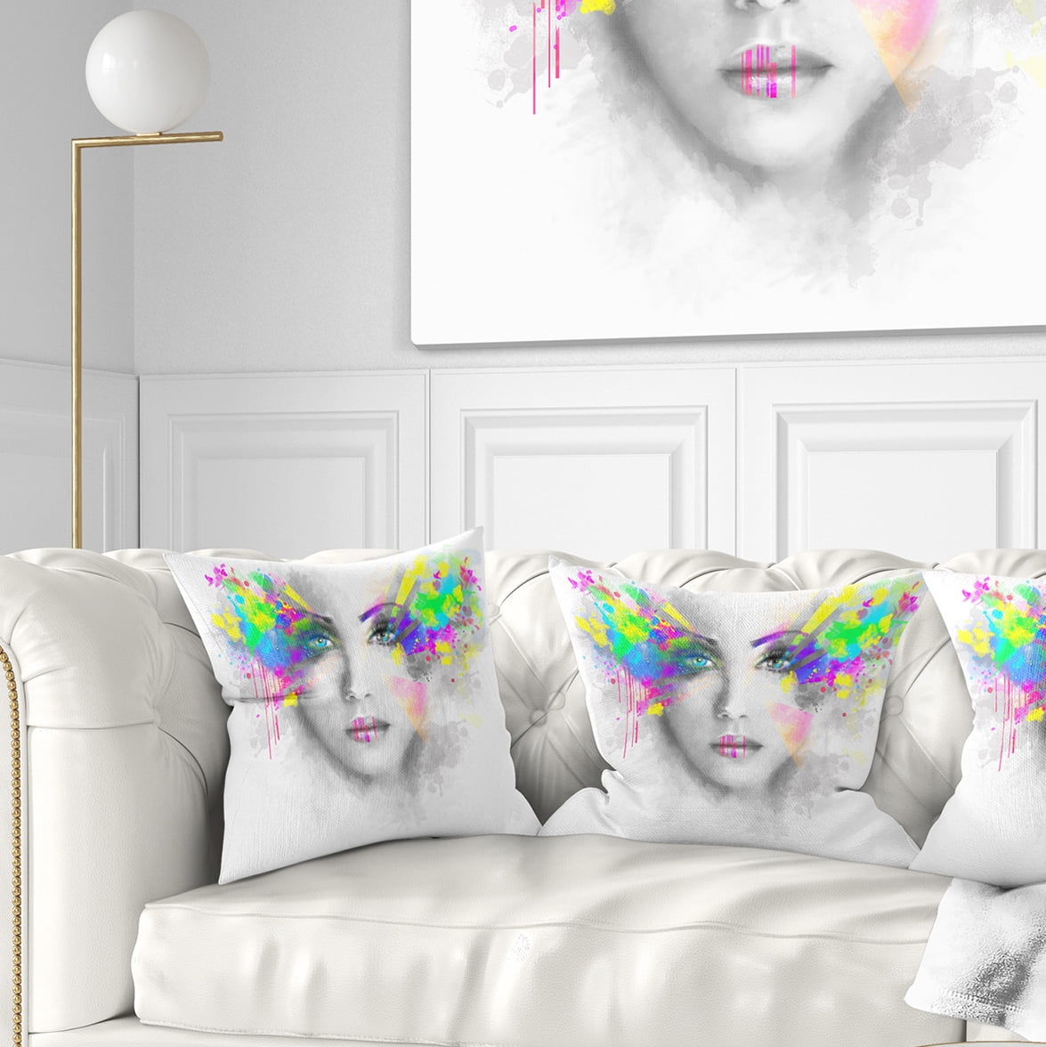 Designart Gray Woman with Green Flowers - Abstract Portrait Throw Pillow - 18x18