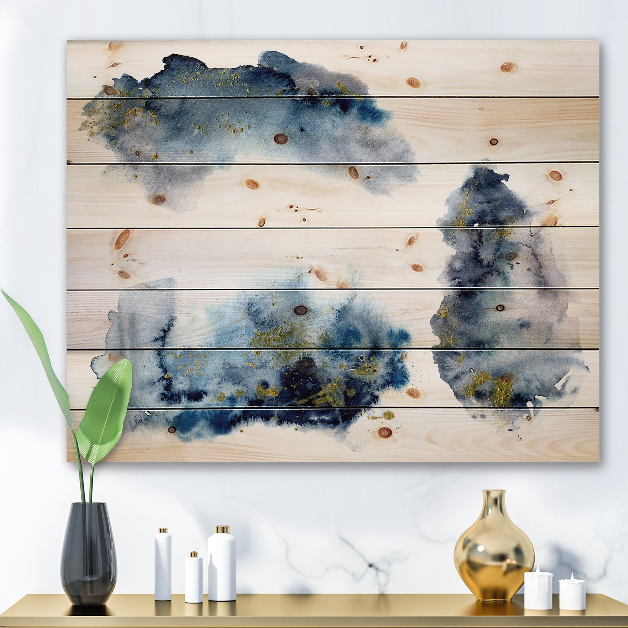 Designart 'Gray and Blue Clouds With Golden Glitter' Modern Print on Natural Pine Wood