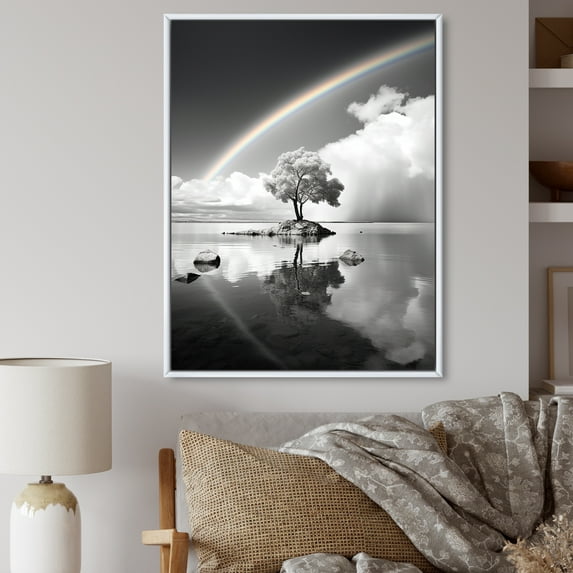 Designart "Grayscale Arc Rainbow Over the Tree I" Rainbow Floater Framed Canvas Wall Art