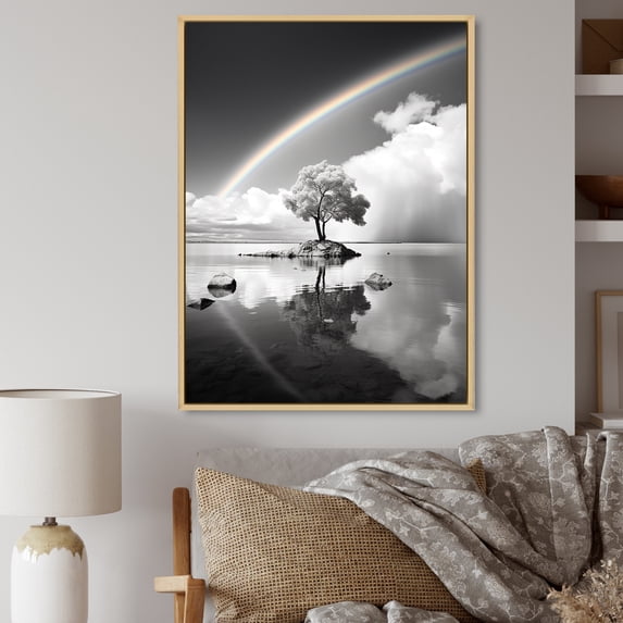 Designart "Grayscale Arc Rainbow Over the Tree I" Rainbow Floater Framed Canvas Wall Art