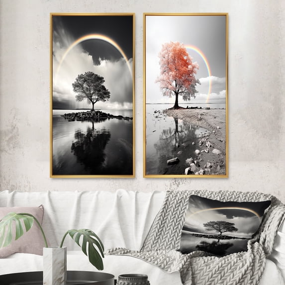 Designart "Grayscale Arc Rainbow Over the Tree II" Rainbow Framed Wall Art Set Of 2 - Grey Landscapes Framed Canvas Set For Living Room Decor